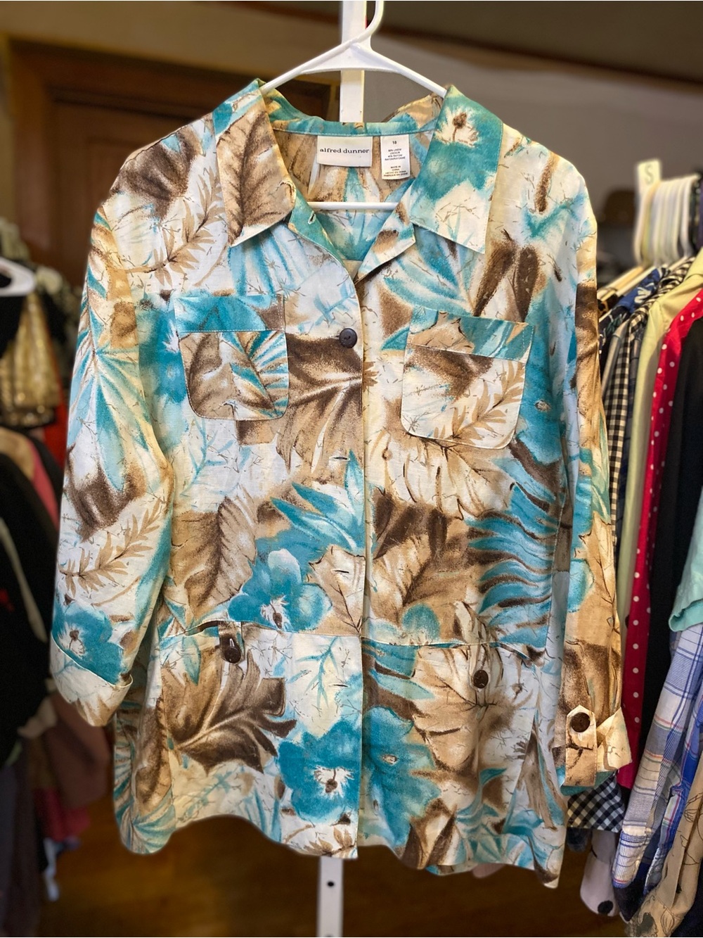 Alfred Dunner Teal and Brown Floral Button-Front Shirt Jacket